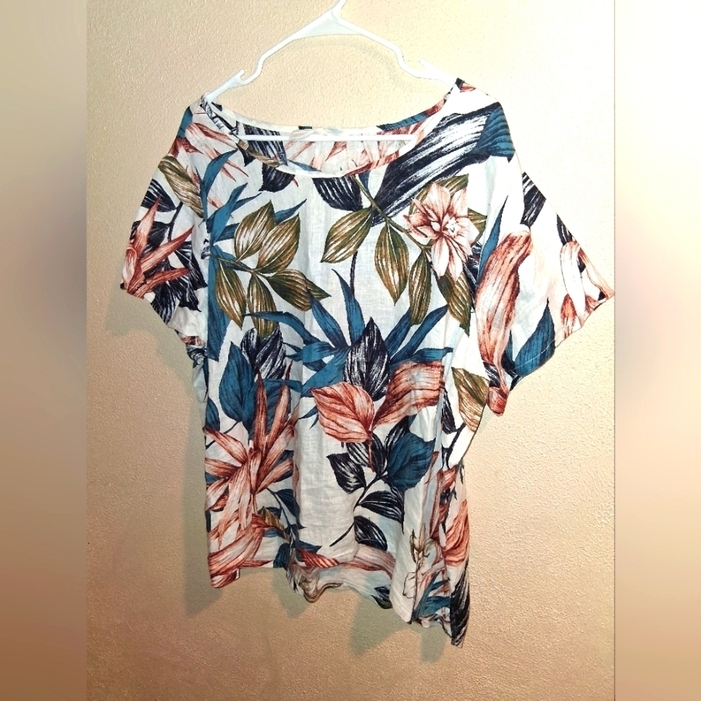 C&C California Tropical Print 100% Linen Shirt 1X Multicolor Floral Beach